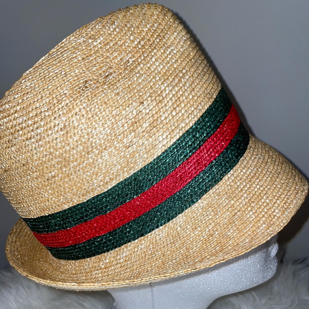Straw Fedora Hat with Green and Red Band - Women Accessories